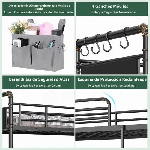 Vista 3 de Jocoevol Litera Doble sobre Doble, literas de metal resistente con escalera y barandilla de longitud completa, convertible en 2 camas individuales