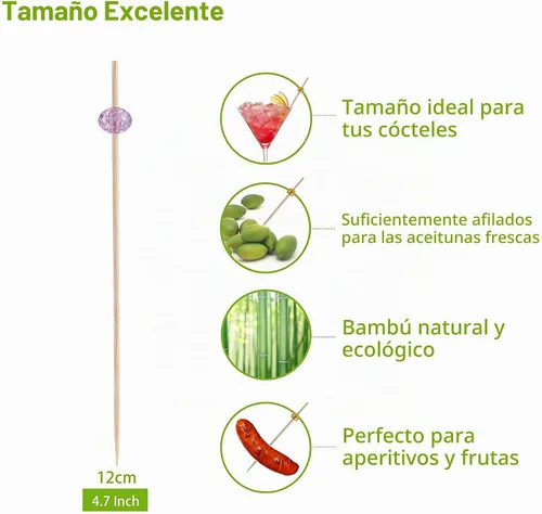 Vista 5 de 200 palillos de cóctel, palillos de dientes de lujo para aperitivos, mini palillos de comida Palos de cóctel de bambú para bebidas, postres