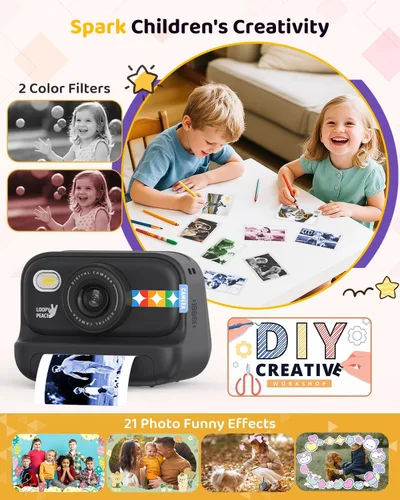 Vista 3 de Cámara de impresión instantánea en color para niños – Cámara para niños con 5 papeles fotográficos de color, video de 48MP y 1080P, 21 marcos