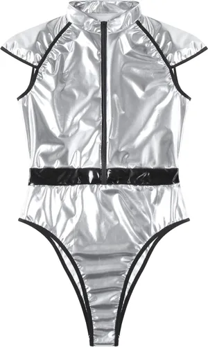 Vista 5 de Sywiyi Traje metálico brillante para mujer, disfraz de Halloween, manga casquillo, con cremallera, tanga, leotardo para fiesta de discoteca