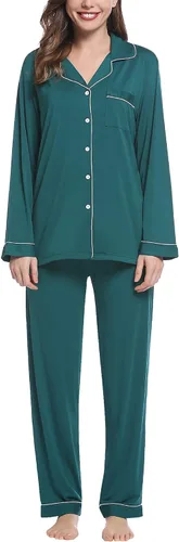 Vista 5 de Pijama de bambú ultra suave para mujer, juego de pijama - manga largacon botones.