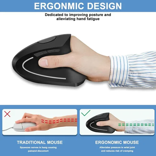 Vista 4 de ASOI - Ratón ergonómico inalámbrico, recargable de 2.4 G, inalámbrico, óptico, vertical, ergonómico, 100012001600 DPI, para laptop, escritorio, PC