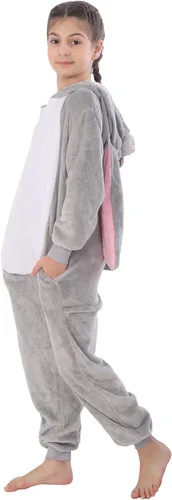 Vista 7 de HIBCIGA Disfraz de mameluco para niños, cosplay de animales para niños y niñas, Halloween, cálido, de felpa, de una pieza, conejo gris