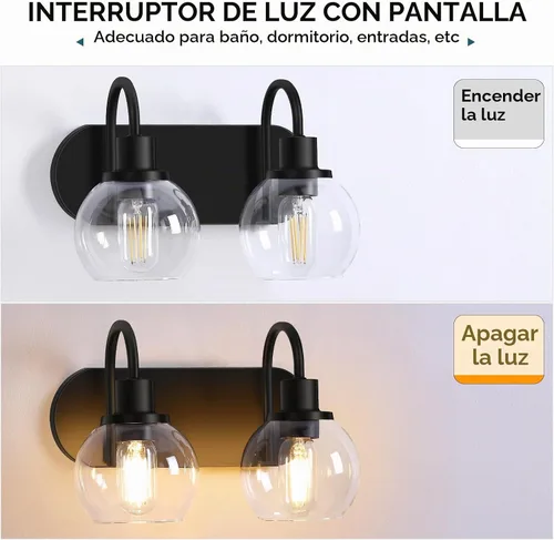 Vista 7 de Dpyrrhic Moderna lámpara de tocador de 2 luces, accesorio de iluminación de baño sobre espejo con pantalla de vidrio transparente y base de metal
