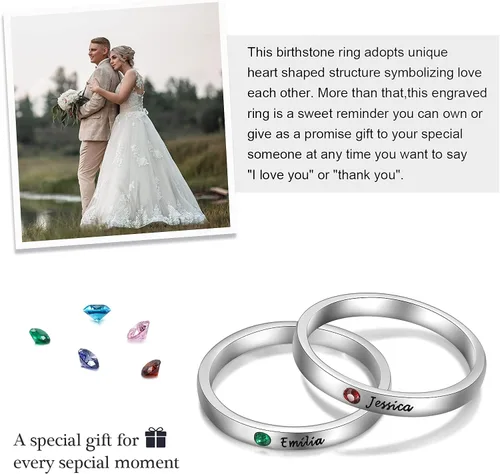 Vista 3 de 3 anillos con iniciales grabados personalizados con piedras de nacimiento simuladas, anillos personalizados para mejores amigas para mujeres
