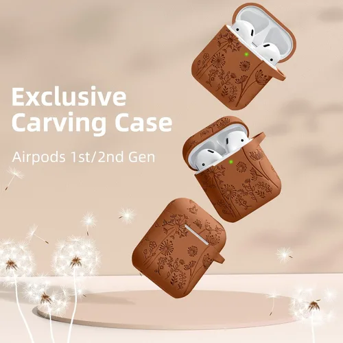 Vista 2 de Lerobo - Funda grabada con flores para el estuche de AirPods, protector suave de silicona con llavero, compatible con el estuche de carga de Apple