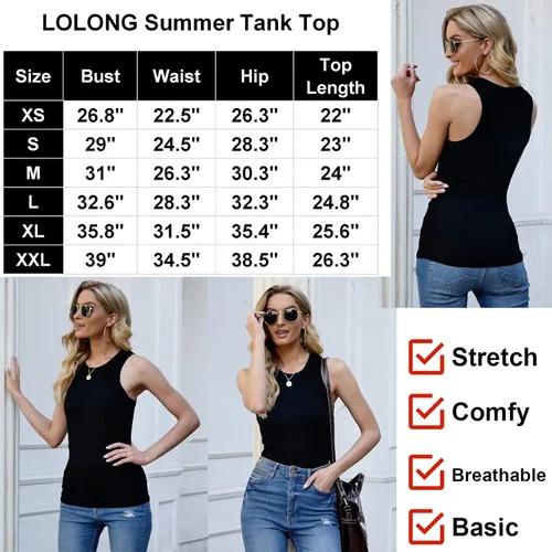 Vista 5 de LOLONG - Camiseta sin mangas para mujer, elástica, de verano, acanalada
