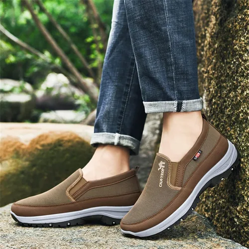 Vista 8 de Mocasines de lona sin cordones con soporte de arco para hombre, zapatos ortopédicos casuales para exteriores, zapatos planos para caminar y barco