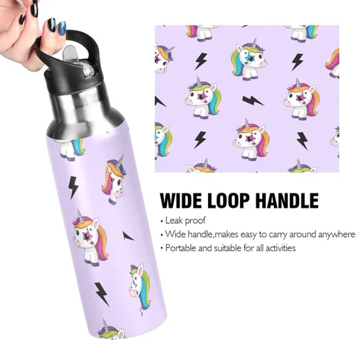 Vista 4 de Insulated Stainless Steel Water Bottle with Straw 32 Oz, Leakproof Water Bottles for Gym Outdoor Travel School, Cute Unicorns Rainbow