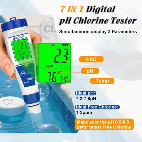 Vista 2 de Probador digital de sal de cloro para piscina, medidor de salinidad de pH para agua de piscina, probador de pH de cloro salino, probador de pH 7