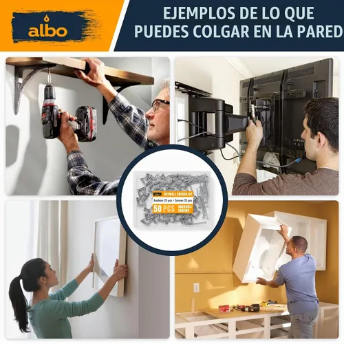 Vista 7 de Kit de anclaje para paneles de yeso Albo Anclajes de pared huecos con tornillos 50 piezas. (Anclaje gris 25 piezas + tornillos 25 piezas) Anclajes
