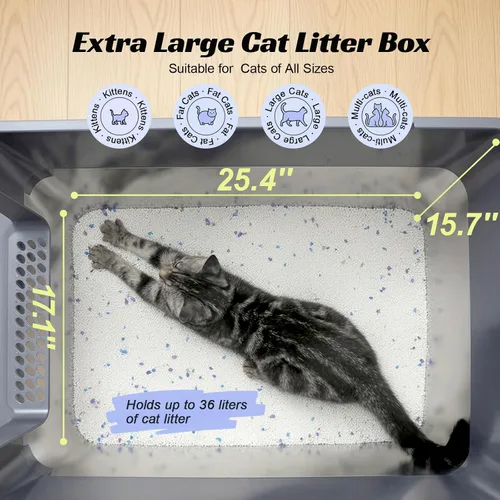 Vista 3 de Caja de arena cerrada de acero inoxidable para gatos con tapa y alfombra, caja de arena extra grande para gatos con cajón, caja de metal para gatos