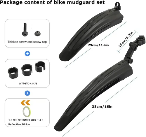 Vista 2 de TuTuYa Juego de guardabarros de bicicleta, guardabarros ajustables para bicicleta con 2 calcomanías reflectantes de flecha y 1 cinta reflectante