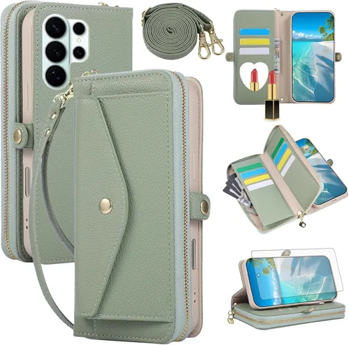 Vista 75 de Asuwish Funda de teléfono para Samsung Galaxy S23 5G con cremallera, funda para celular con protector de pantalla, correa para el hombro, espejo