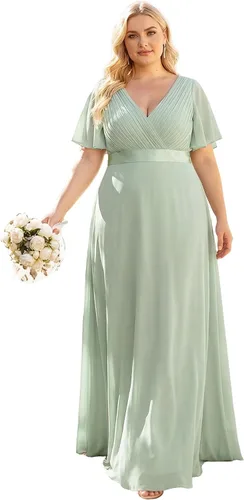 Vista 45 de Ever-Pretty Vestidos formales de noche de gasa para mujer con cuello en V de talla grande para mujeres con curvas, vestido de dama de honor de largo