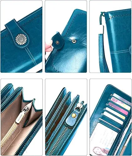 Vista 4 de Large Capacity RFID Blocking Genuine Leather Wallets for Women with Wristlet Trifold Ladies Billfold with Zipper by UMODE