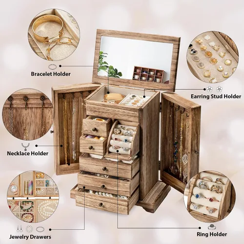 Vista 3 de Yoimori - Joyero para mujer, cajas de joyería y organizadores de madera rústica con espejo y cajones, organizador de joyería de 6 niveles