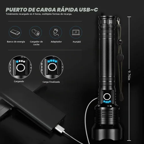 Vista 3 de Linternas recargables de 99,000 lúmenes, linterna LED súper brillante, altos lúmenes con cable USB, 5 modos, linterna impermeable, potente luz