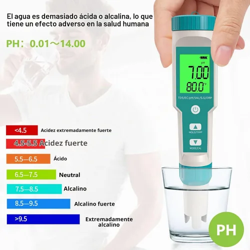 Vista 4 de Medidor de pH, 7 en 1 pH/TDS/EC/ORP/S.G/Medidor de salinidad/temperatura con medidor de pH ATC, medidor de agua de alta precisión de resolución