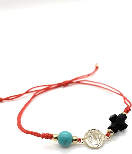 Vista 2 de Alea Collection Medalla de San Benito Natural Azabache Cruz Protector Pulsera Ajustable, Chapado en oro de 18 quilates, Sin gema
