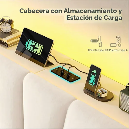 Vista 2 de EnHomee Base de cama individual con luces LED y USB, sin ruido, color beige