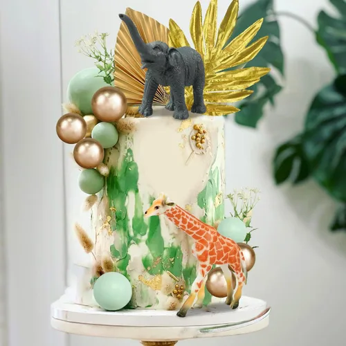 Vista 7 de 26 piezas de decoración de pasteles de animales de la selva, figuras de animales de safari, palmeras doradas, selva salvaje, animales salvajes