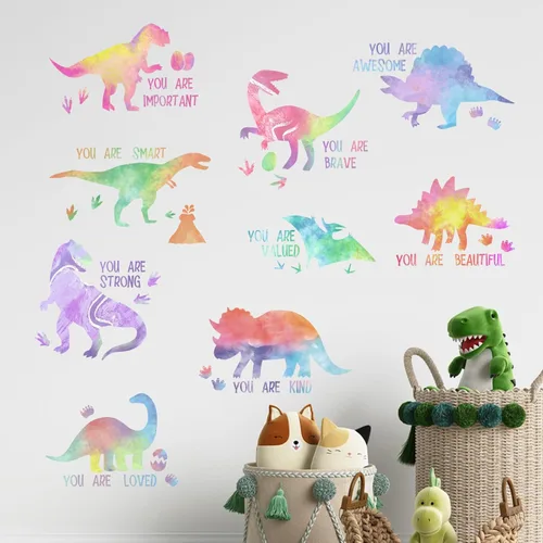 Vista 6 de Yovkky Calcomanías inspiradoras de pared de dinosaurio degradado pastel, con cita motivacional de dinosaurio, decoración neutra para guardería