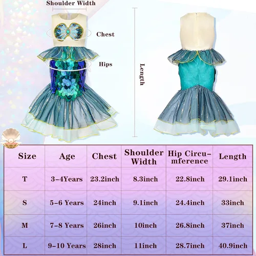 Vista 5 de Latocos Little Mermaid Ariel Halloween Costumes for Girls Princess Dress Up with Red Wig 3-10 Years Kids Cosplay Gift