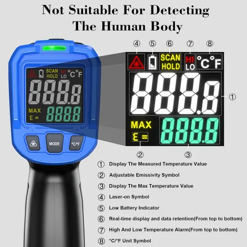 Vista 9 de Pistola Termómetro Láser FKM -58 °F~1112 °F (-50 °C~600 °C), Pistola Termómetro Infrarrojo sin Contacto para Industrial, Motor, HVAC, Cocina