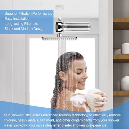 Vista 4 de Filtro de agua para ducha, filtro de ducha para agua dura con cartucho de carbón activado, elimina el cloro, metales pesados y más, sistema