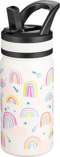 Vista 34 de Fanhaw Botella de agua aislada para niños de 14 onzas con tapa de pajita – Acero inoxidable de doble pared al vacío, a prueba de fugas, botellas
