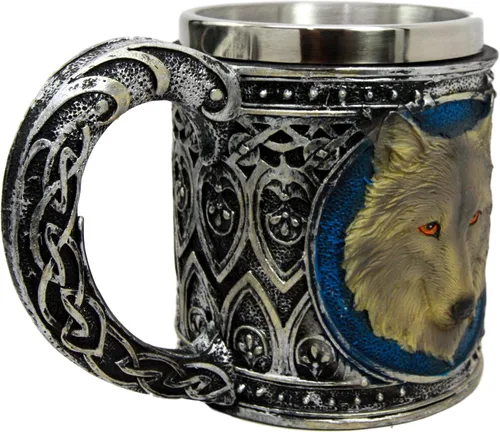 Vista 3 de Ebros Gift Taza de resina mágica tribal celta de lobo gris alfa de 16 onzas con borde de acero inoxidable para café, té, cereales, bebidas, fiesta