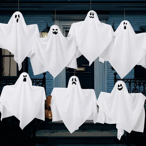 Vista 6 de JOYIN 7 decoraciones colgantes de fantasmas de Halloween al aire libre, 19.6 pulgadas, decoración de fantasmas blancos voladores para árbol