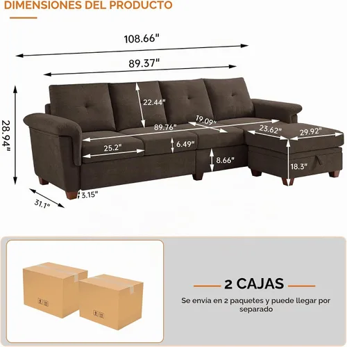 Vista 2 de Sofás seccionales de 4 asientos para sala de estar, dormitorio, oficina con almacenamiento, sofá modular convertible en forma de L con otomana y Café