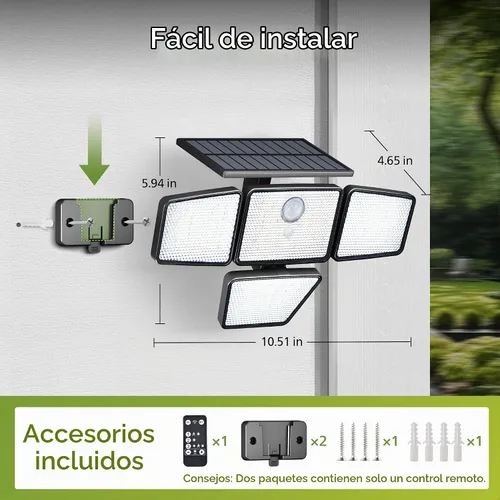 Vista 3 de Philips - Luz de seguridad solar para exteriores, 196 luces LED de montaje en pared con sensor de movimiento PIR, 3 modos, 4 cabezales ajustables