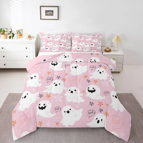 Vista 4 de Feelyou Juego de edredón de Halloween, color rosa fantasma, juego de ropa de cama tamaño individual, decoración para niños y niñas, lindo juego