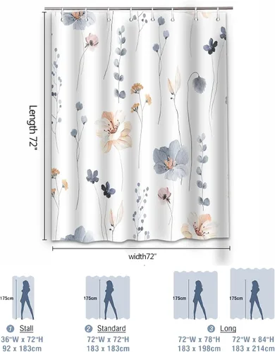 Vista 2 de Juego de cortinas de ducha – Cortina de baño floral con flores azules y beige, cortina de ducha para baño, juego de cortina de ducha de tela
