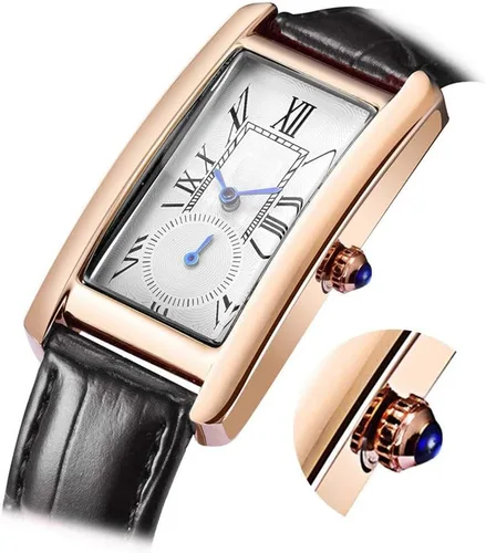 Vista 3 de Reloj de cuarzo para mujer Carlien, elegante reloj de vestir rectangular con correa de cuero y corona de cristal azul Rosa Negro