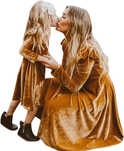 Vista 2 de Mommy and Me Vestido de Volantes de Manga Larga Casual Fiesta de Navidad Vestido de Terciopelo Madre Hija de la Familia a juego Vestido de Ropa