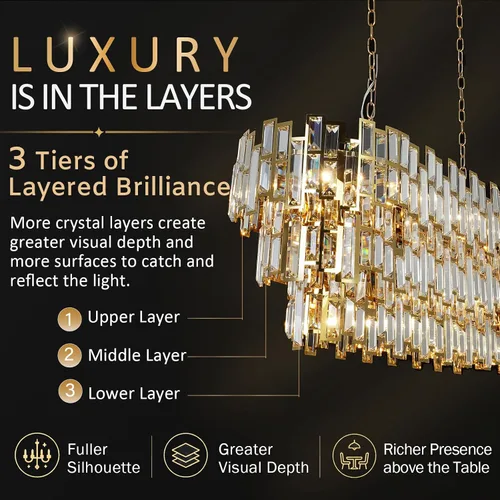 Vista 3 de Candelabros de cristal para comedor Candelabro moderno rectangular Iluminación colgante contemporánea Fijo de luz lineal dorado 17 luces rectangular