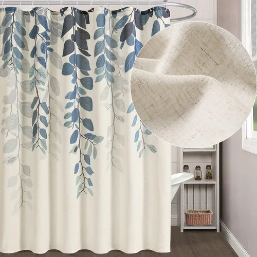 Vista 6 de SMABU Cortina de ducha larga de 84 pulgadas de largo, cortinas de ducha de lino azul de algodón, cortinas de ducha decorativas de eucalipto natural