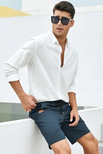 Vista 8 de JMIERR - Pantalones cortos informales para hombre, pantalones cortos de golf, pantalones chinos con cordón, de tela de sarga elástica, para verano