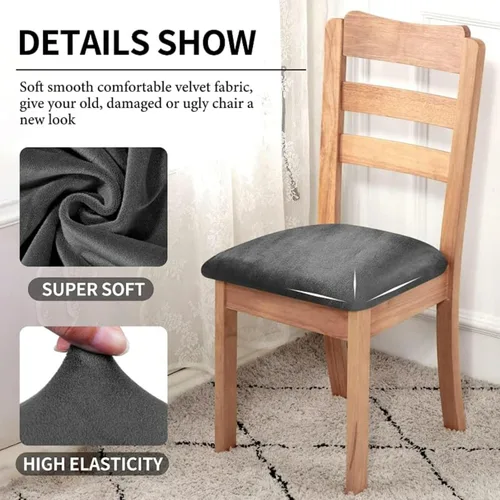 Vista 2 de Juego de 6 fundas de asiento de terciopelo para sillas de comedor, fundas de asiento elásticas para sillas de comedor, fundas de asiento lavables