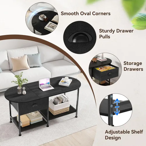 Vista 4 de Mesa de centro ovalada pequeña de 37 pulgadas con almacenamiento, mesa central de madera moderna para espacios pequeños, apartamento, oficina