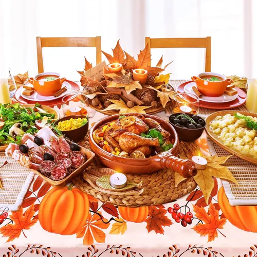Vista 4 de Hosuly 3 manteles desechables de plástico de otoño para mesa rectangular de Acción de Gracias de 54 x 108 pulgadas, cubierta de mesa de hojas