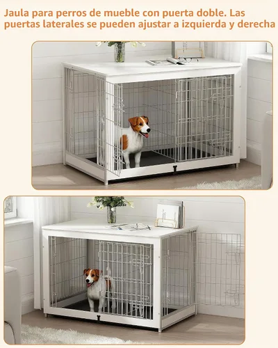 Vista 6 de Piskyet Muebles de madera para perros con panel divisor, mesa auxiliar de jaula para perros con bandeja deslizante fijable, puertas dobles