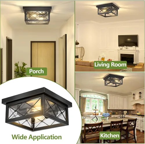 Vista 5 de Asnxcju Luminarias de Techo Estilo Granja para Montaje, Lámpara de Techo Empotrada Negra de 2 Luces con Pantalla de Vidrio Transparente, Lámpara