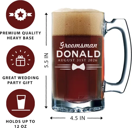 Vista 3 de Conjuntos personalizados de tazas de cerveza padrinos de boda, estilo uniforme de 12 oz (1)