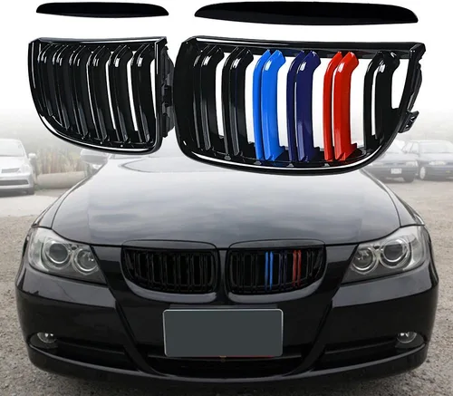 Vista 3 de Par de rejillas de riñón delanteras negras brillantes, radiador de color M compatible con BMW E90 E91 323i 325i 328i 335i 328i 335i Pre-LCI 2005-2008
