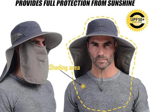 Vista 3 de USHAKE Sombrero de pesca de ala ancha para exteriores con solapa para el cuello